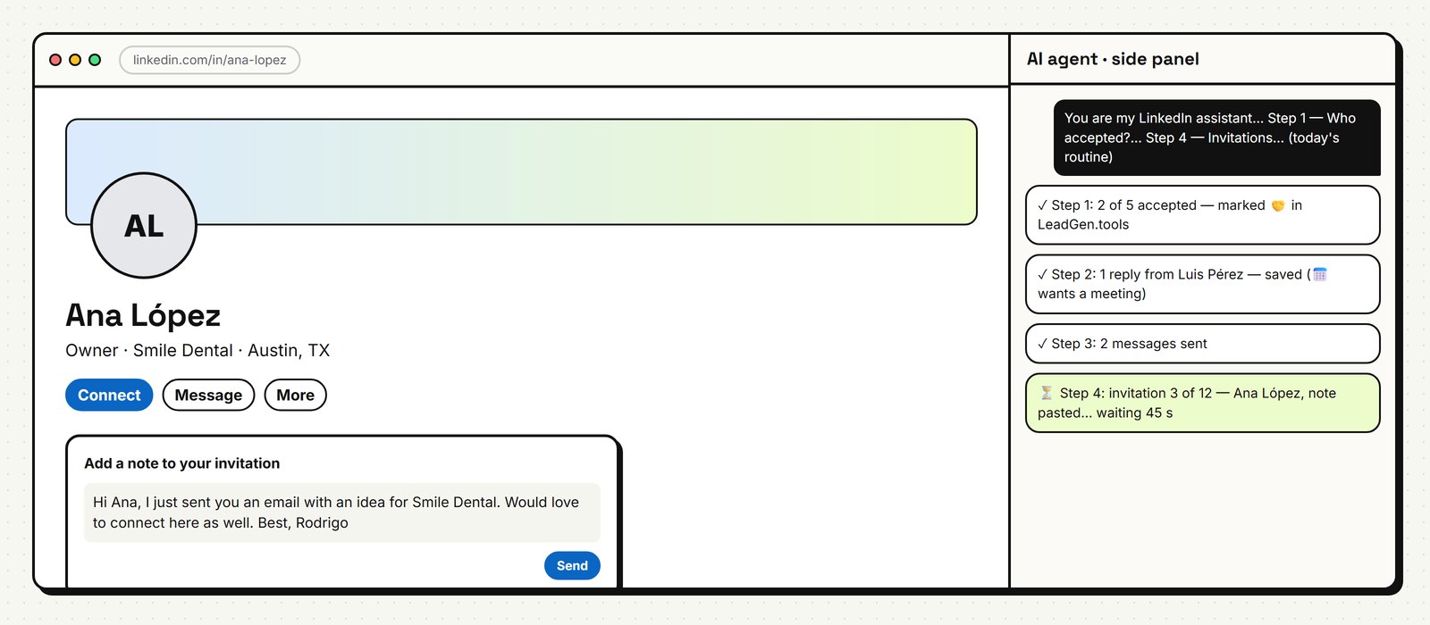Illustration: an AI agent in a browser side panel sending a LinkedIn invitation with a note