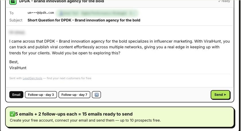 A personalized cold email written by LeadGen.tools with two follow-ups scheduled for day 3 and day 7