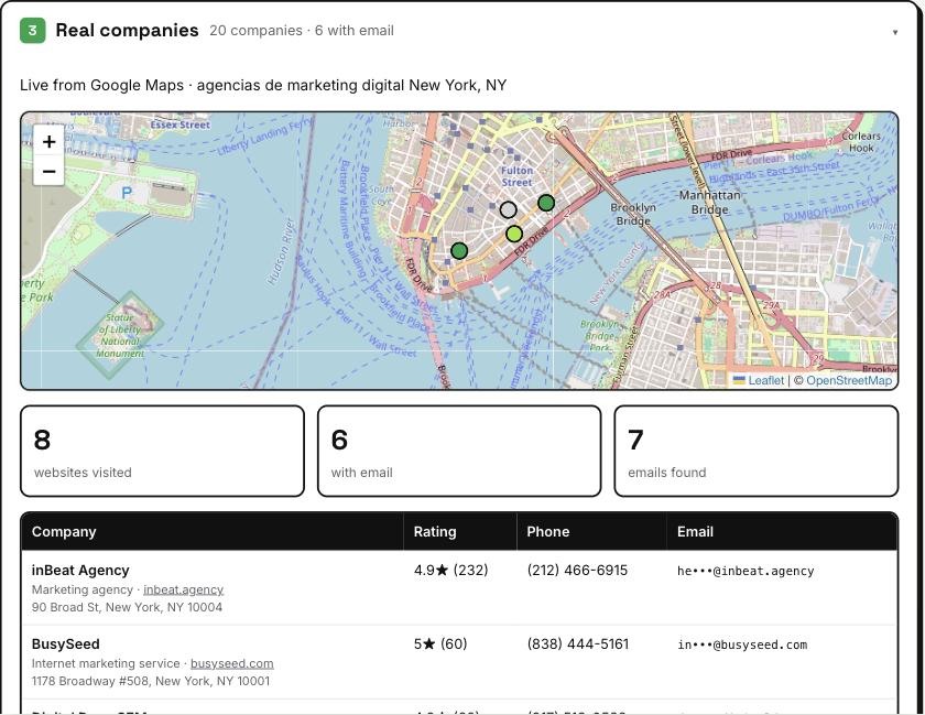 LeadGen.tools demo showing real marketing agencies in New York on a map, with ratings, phones and emails