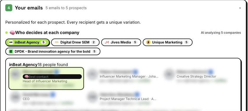 LeadGen.tools demo showing the people who decide at each company, ranked by AI, with the best contact highlighted